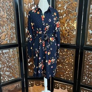 Allegra K Dark Blue Floral Belted Midi Dress